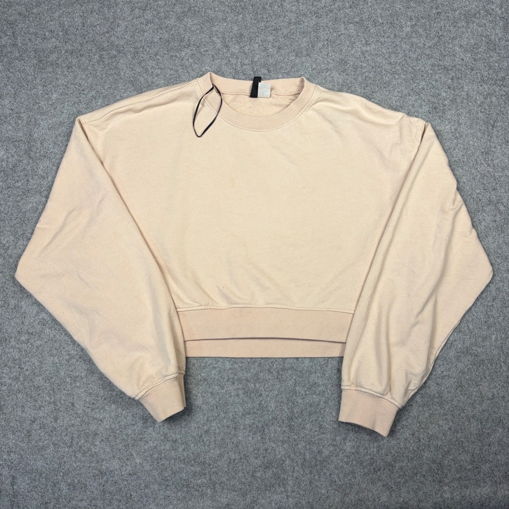 H&M Divided Womens XL Peach Cropped Smile Embroidered Sweatshirt Pullover